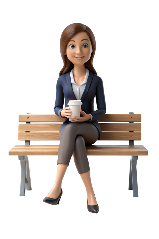 young business woman sitting on a bench holding a coffee cup png