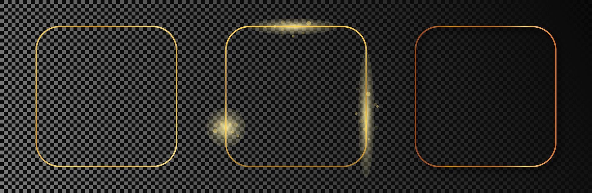 Set of three gold glowing rounded square frames isolated on dark background. Shiny frame with glowing effects. illustration. vector