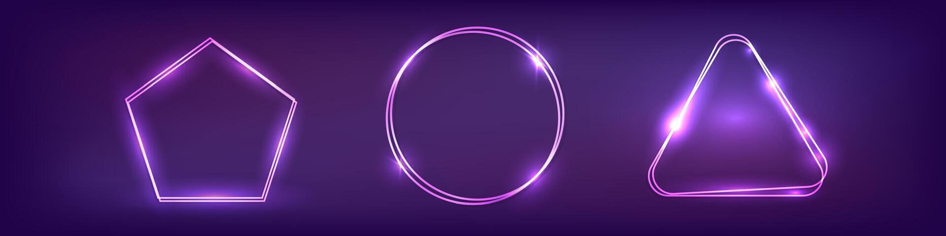 Set of neon double frames with shining effects vector