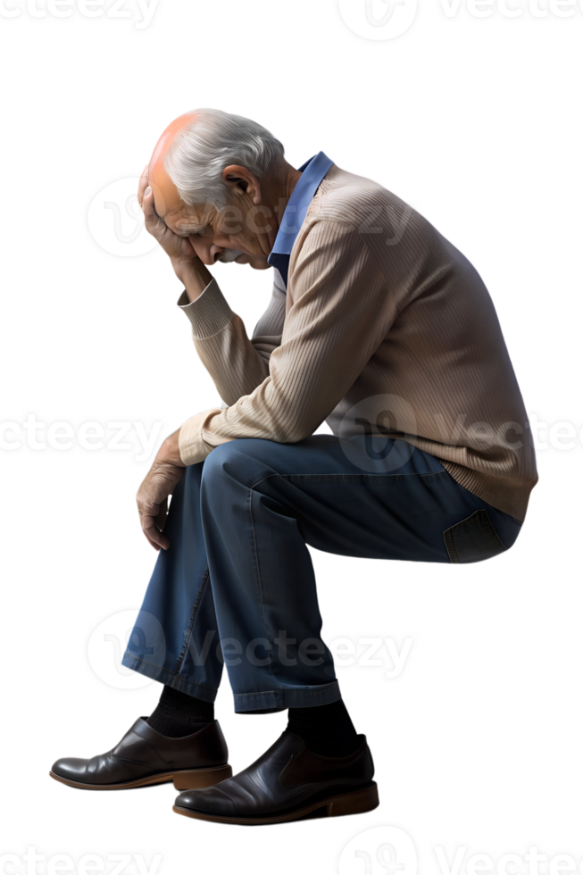 3d render of The old man was worried with sitting, he was in distress isolated on transparent background png