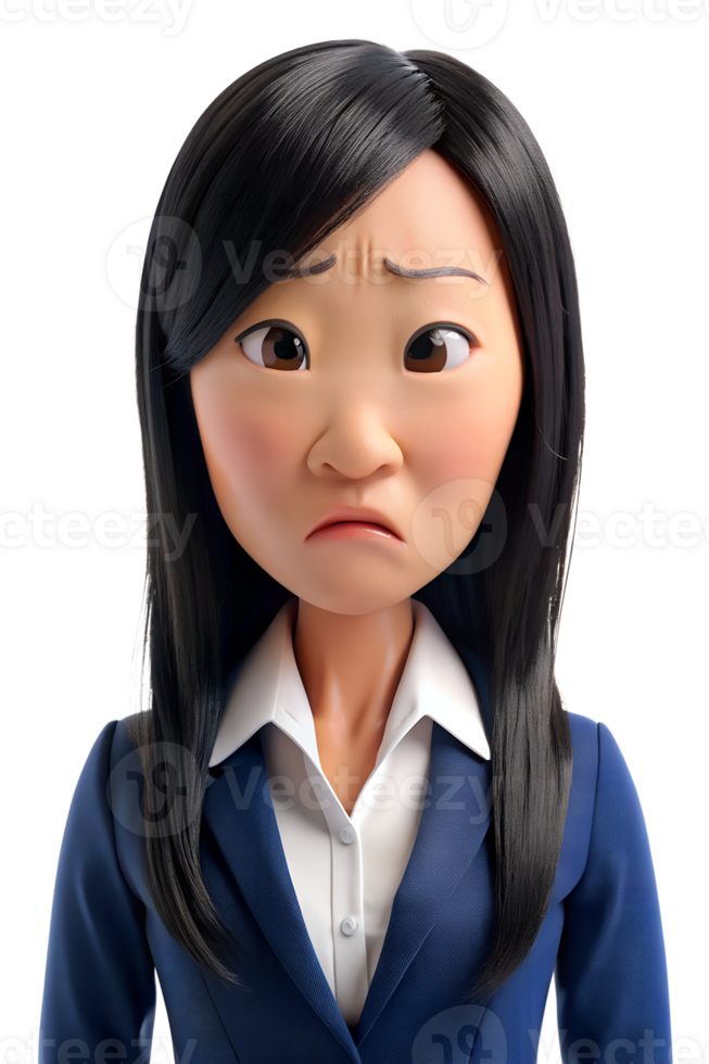 3d style illustration of asia young woman in office worker uniform, long hair, She is stressed isolated on transparent background png