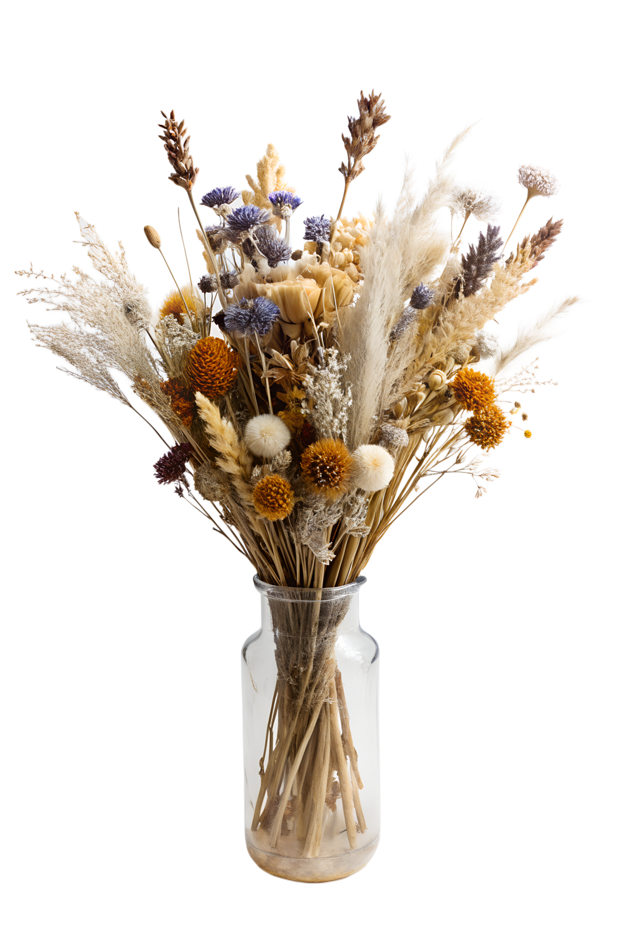 bouquet of dried flowers in a vase isolated on transparent background
