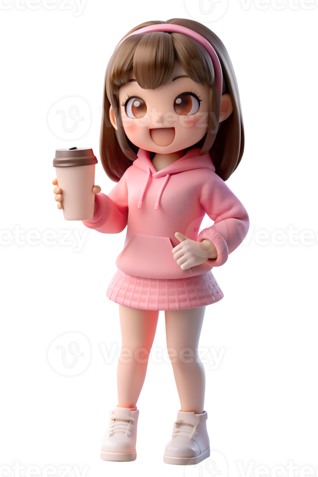 Anime style 3d cute woman wearing pink casual clothes with headphones and phone png