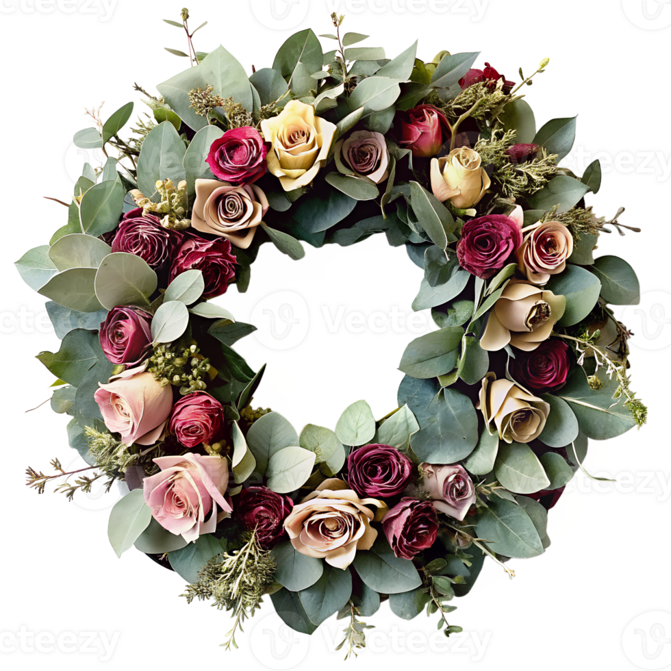 A wreath of dried rose and eucalyptus leaves, creating a fragrant and soothing aroma isolated on transparent background png