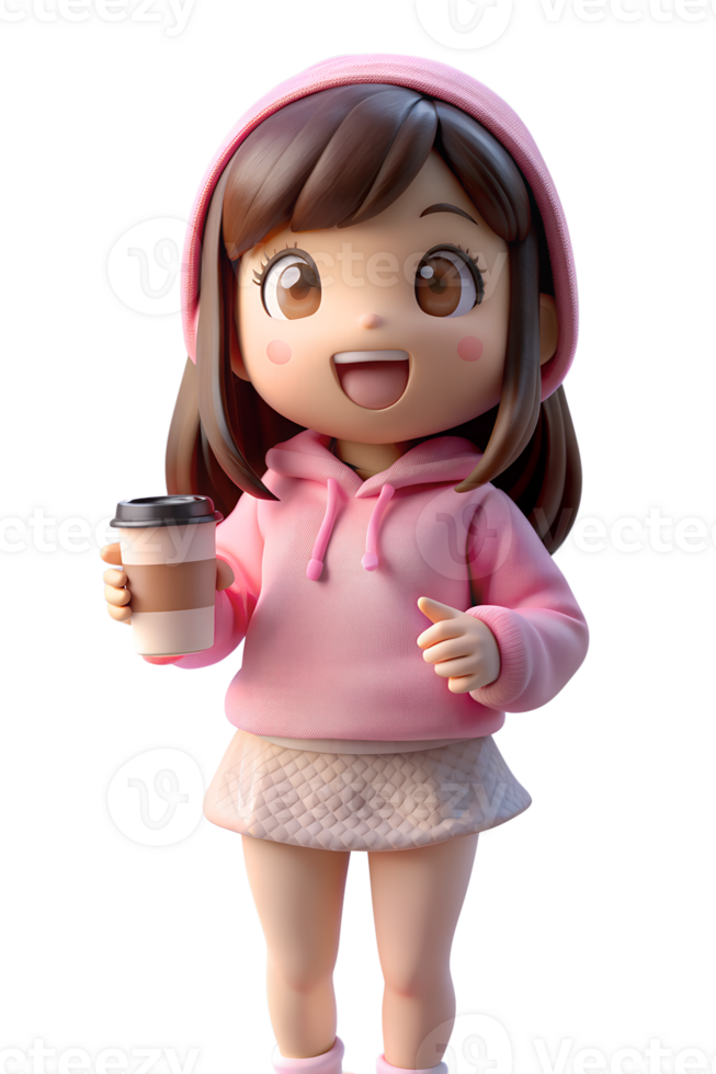 Anime style 3d cute woman wearing pink casual clothes with headphones and phone png