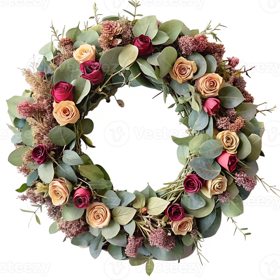 A wreath of dried rose and eucalyptus leaves, creating a fragrant and soothing aroma isolated on transparent background png
