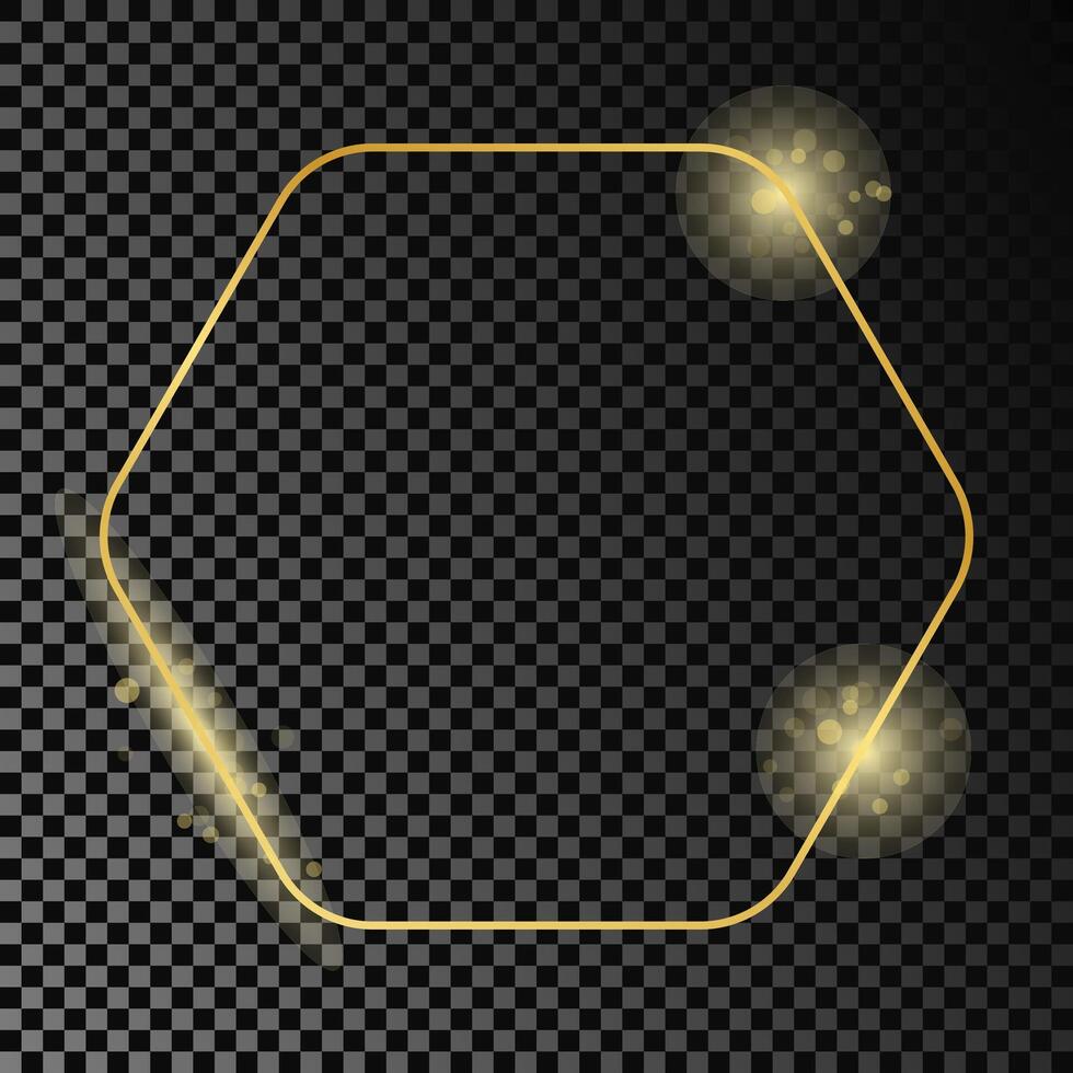 Gold glowing rounded hexagon frame isolated on dark background. Shiny frame with glowing effects. illustration. vector