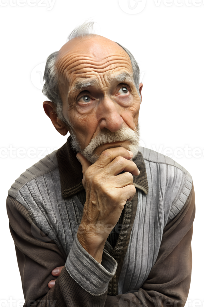 Illustration style 3d render of a thoughtful old man isolated on transparent background png