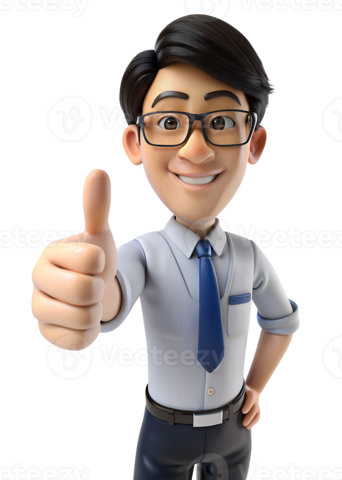 3d style illustration de Jeune Asie homme dans Bureau ouvrier uniforme dans des lunettes avec sourire, il est les pouces en haut, isolé sur transparent Contexte png