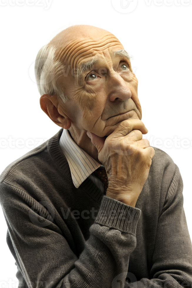 Illustration style 3d render of a thoughtful old man isolated on transparent background png