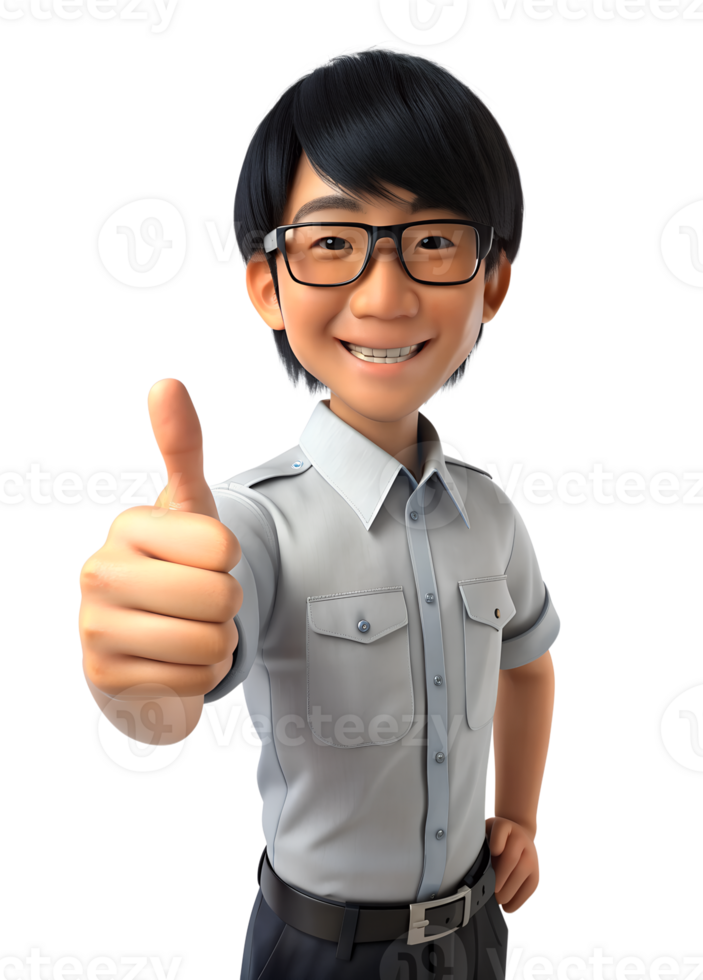 3d style illustration of young asia man in office worker uniform in glasses with smile, he is Thumbs Up, isolated on transparent background png