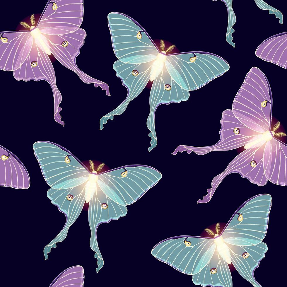 Green and pink moon moth seamless pattern on dark background vector