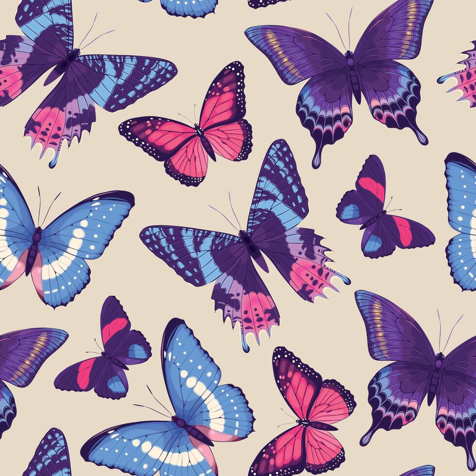 seamless pattern with high detailed vivid butterflies vector