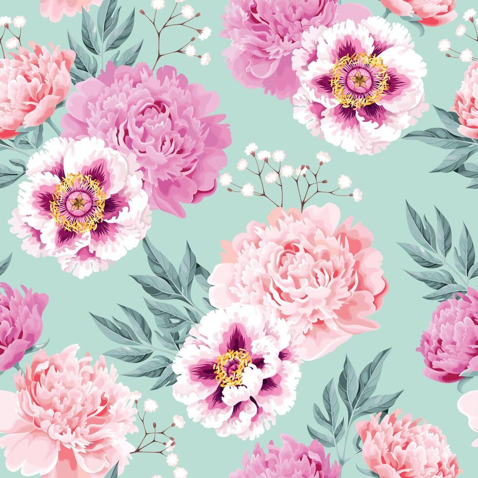 seamless pattern with pink and white pastel peonies vector
