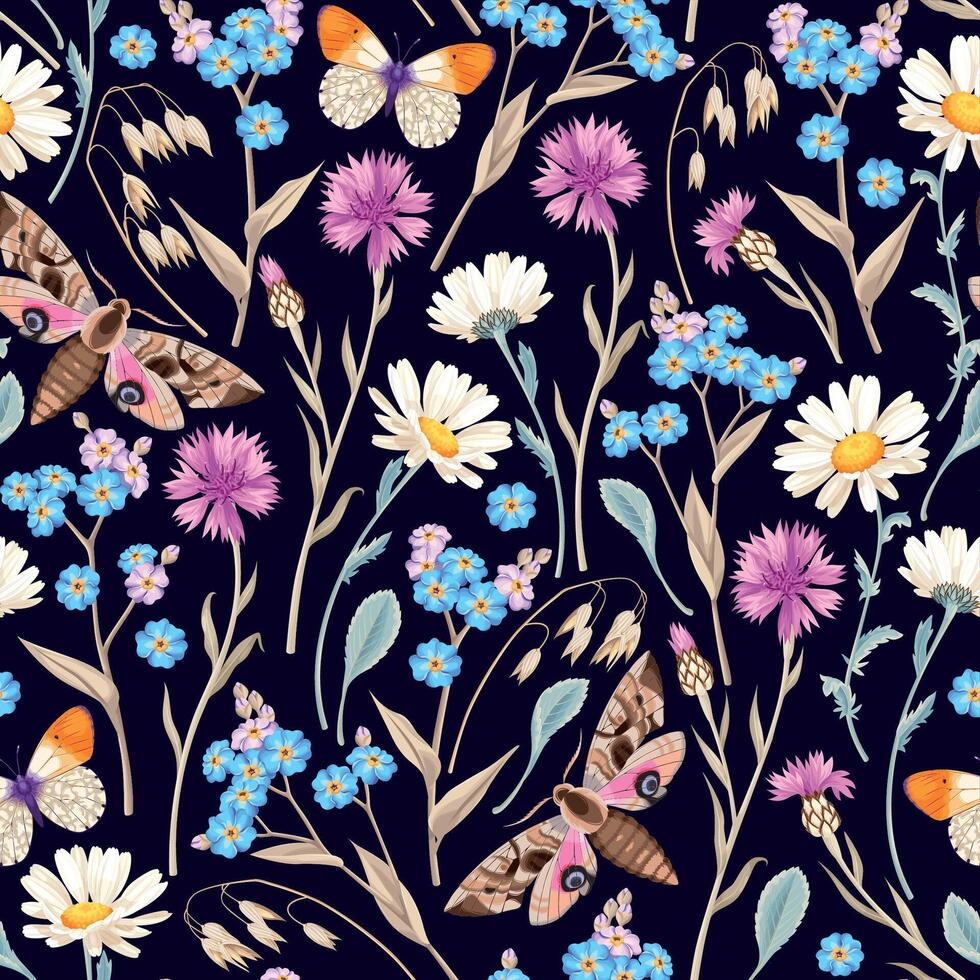 Seamless pattern with meadow flowers and butterflies on dark background vector