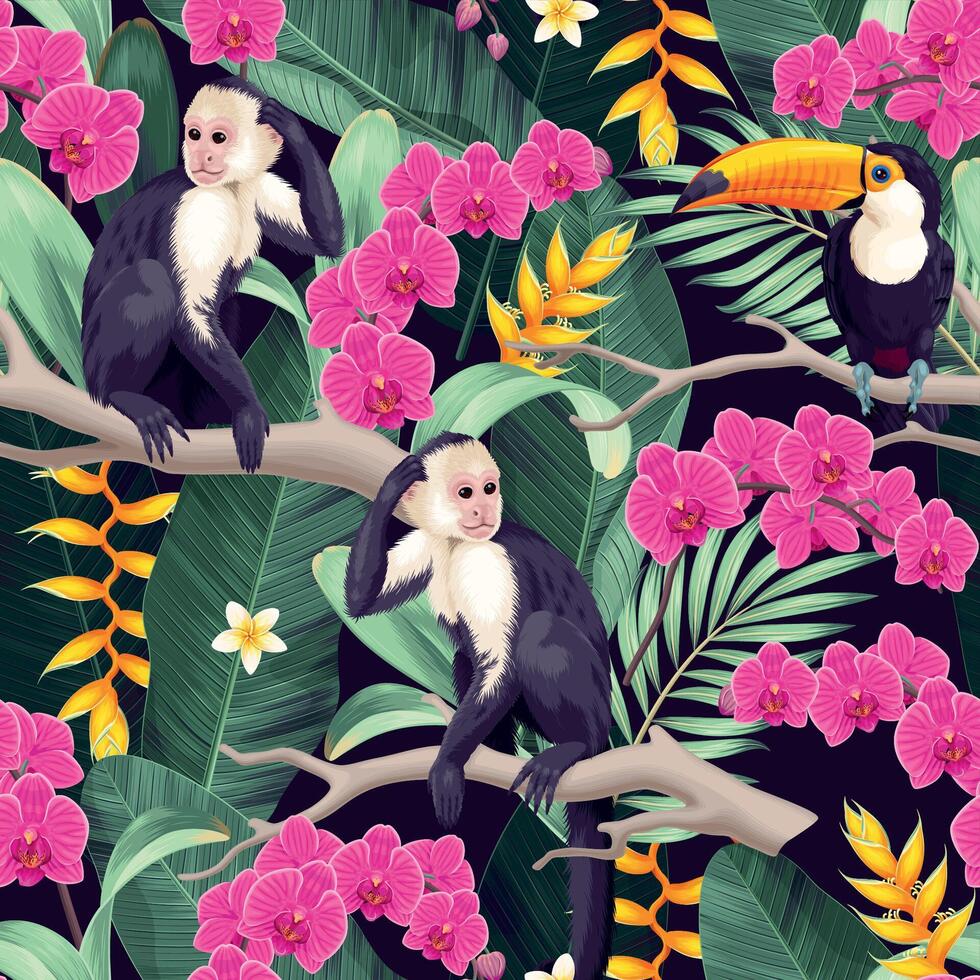 Seamless pattern with exotic flowers, animals and birds vector