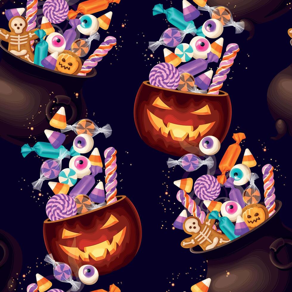 Sweets candies and colorful lollipops in cauldron halloween seamless pattern illustrations vector