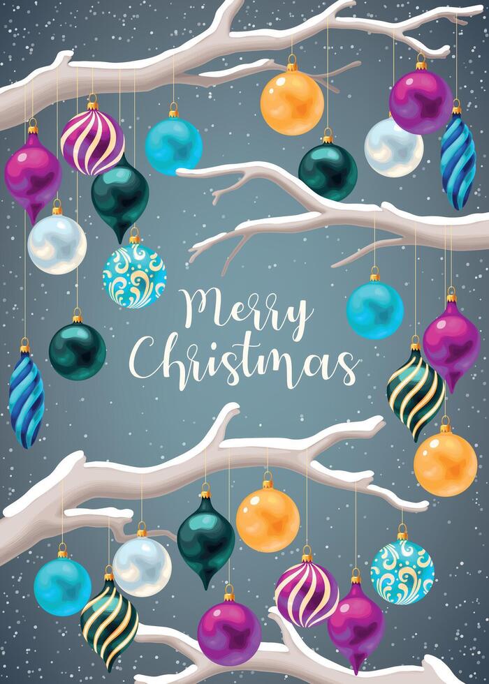 Christmas card with new year toys and snowy brances vector