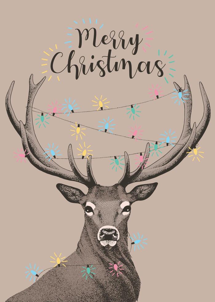 Christmas card with hand drawn deer and garland on its horns vector