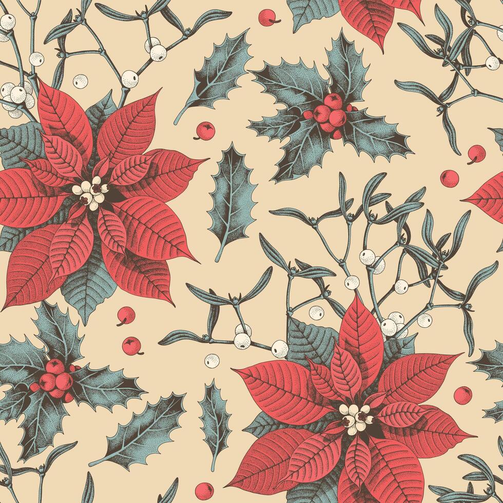 seamless pattern with hand drawn poinsettia and holly vector