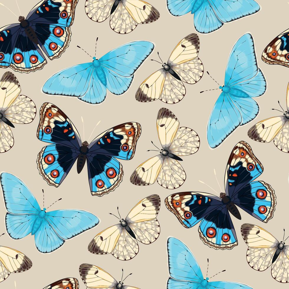 seamless pattern with high detailed tropic butterfly vector