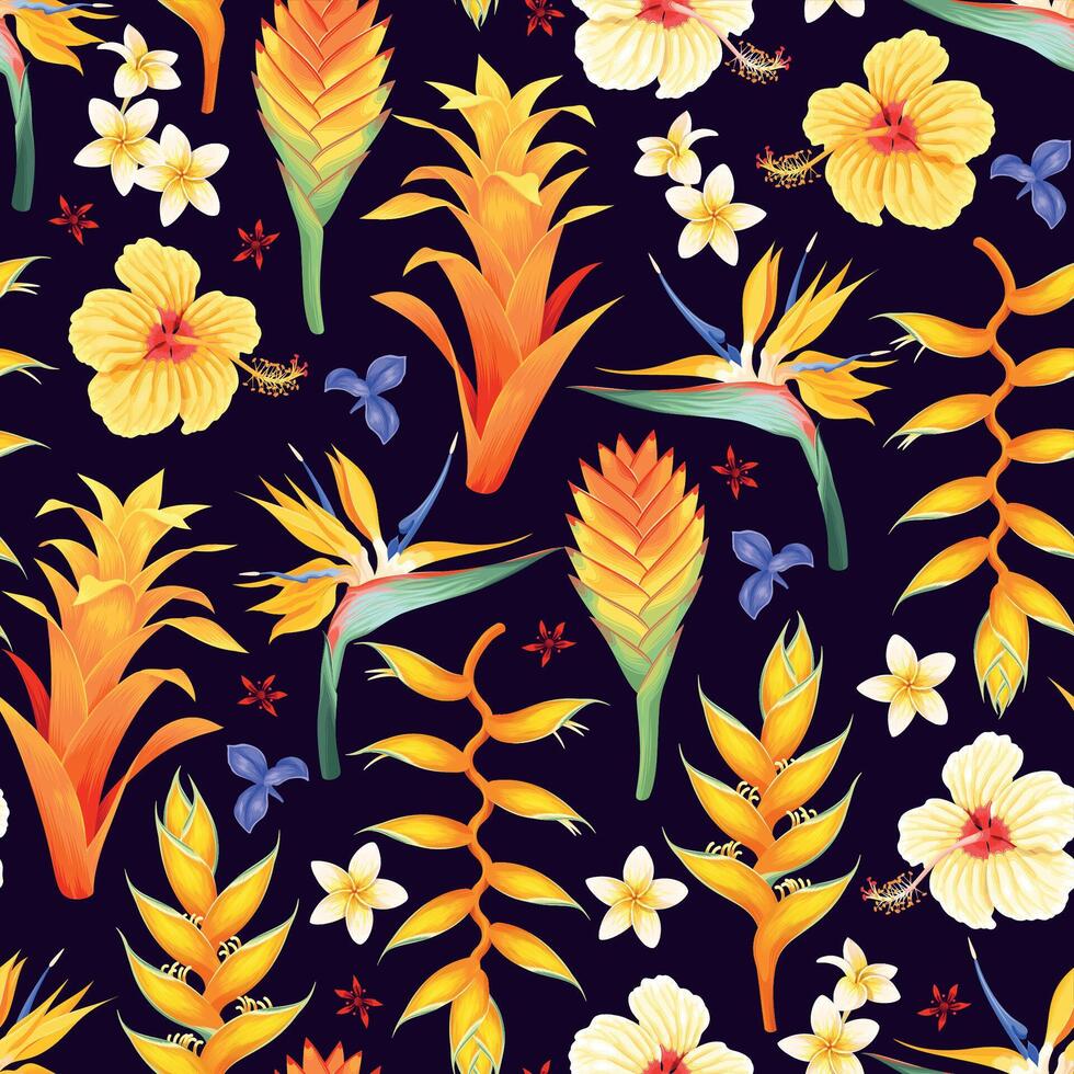 seamless pattern with yellow and blue exotic flowers vector