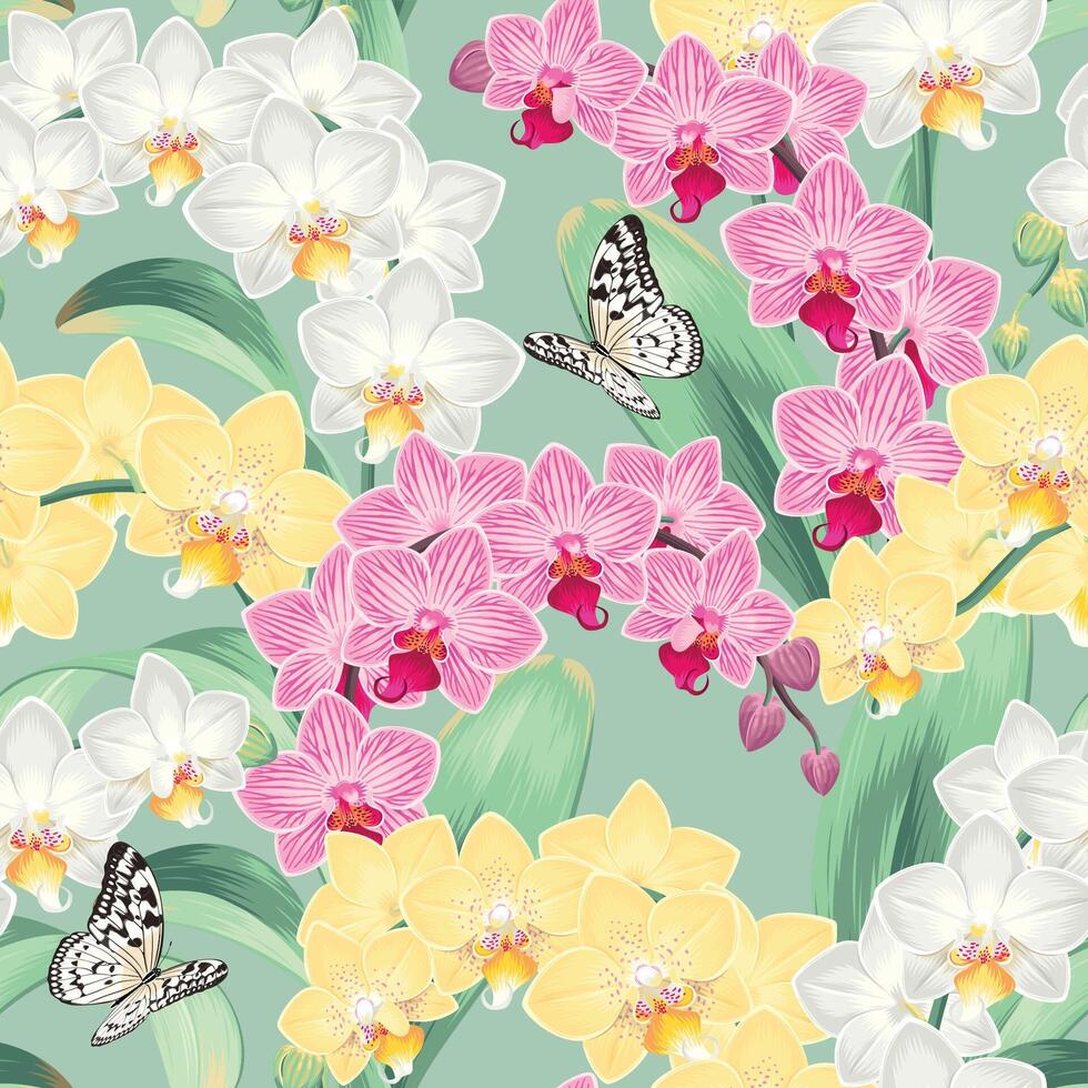 seamless pattern with pink and yellow orchids and tropical foliage vector
