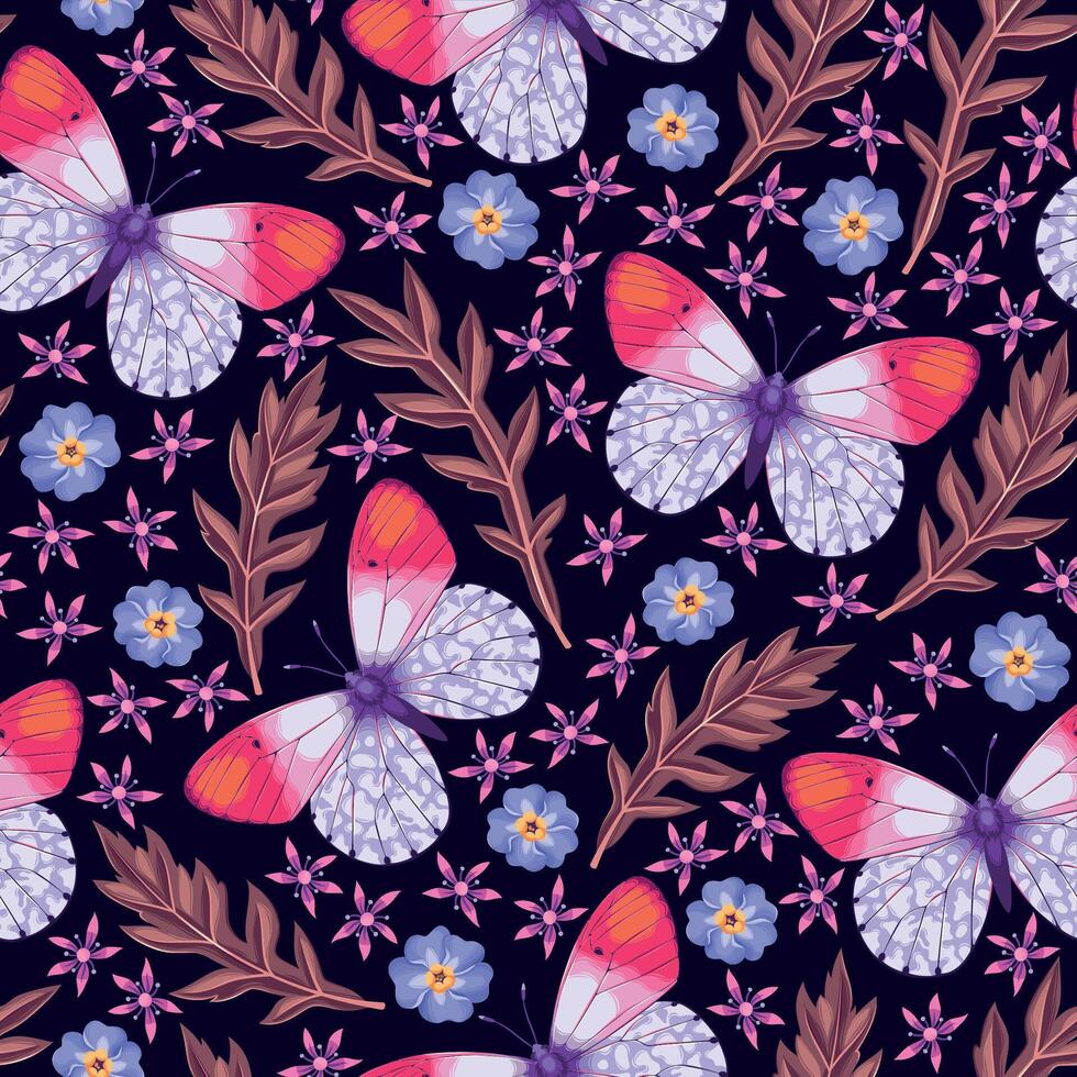 seamless pattern with high detailed butterfly and flowers on dark background vector