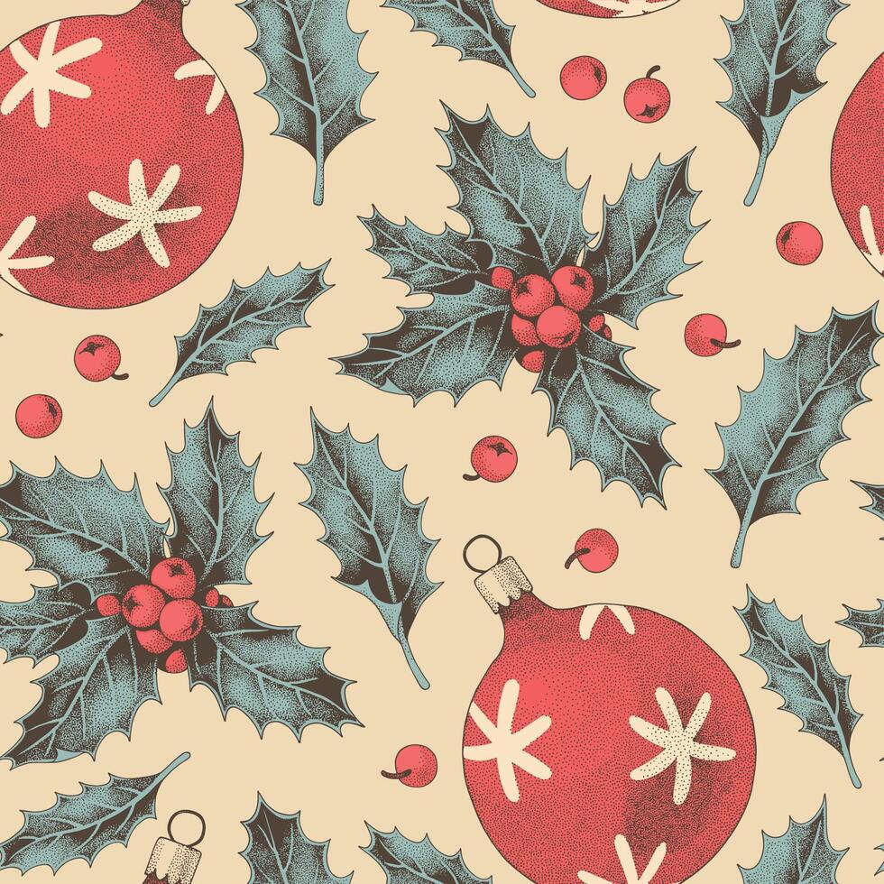 seamless pattern with hand drawn holly and Christmas decorations vector