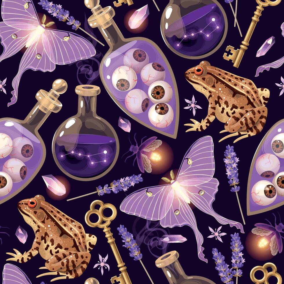 Seamless magic pattern with high detailed supplies for witchcraft vector