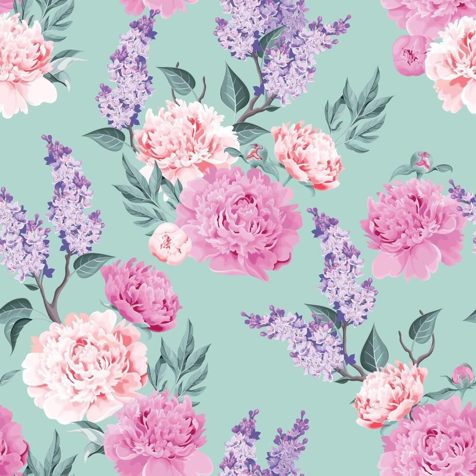 seamless pattern with pastel peonies and lilac vector