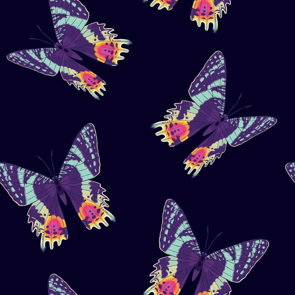 seamless pattern with high detailed tropic butterfly on dark background vector