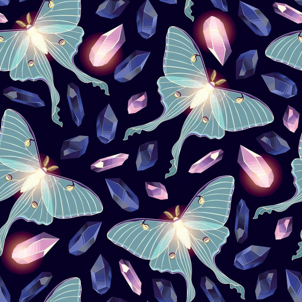 Moon moth with pink and blue crystals seamless pattern vector