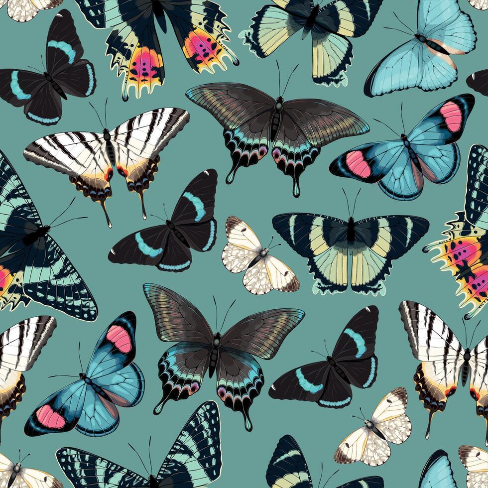 seamless pattern with high detailed tropic butterfly vector