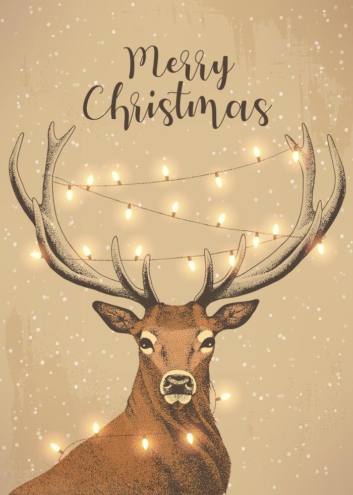 Navidad tarjeta con mano dibujado ciervo y guirnalda en sus cuernos vector