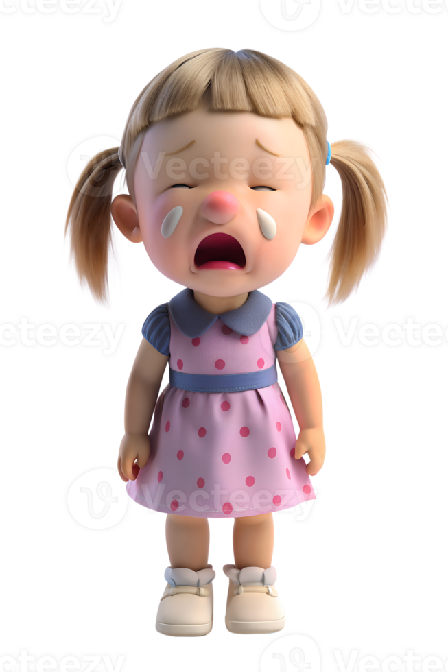 Illustration style 3d render of A little girl was crying with a bulging nose isolated on transparent background png