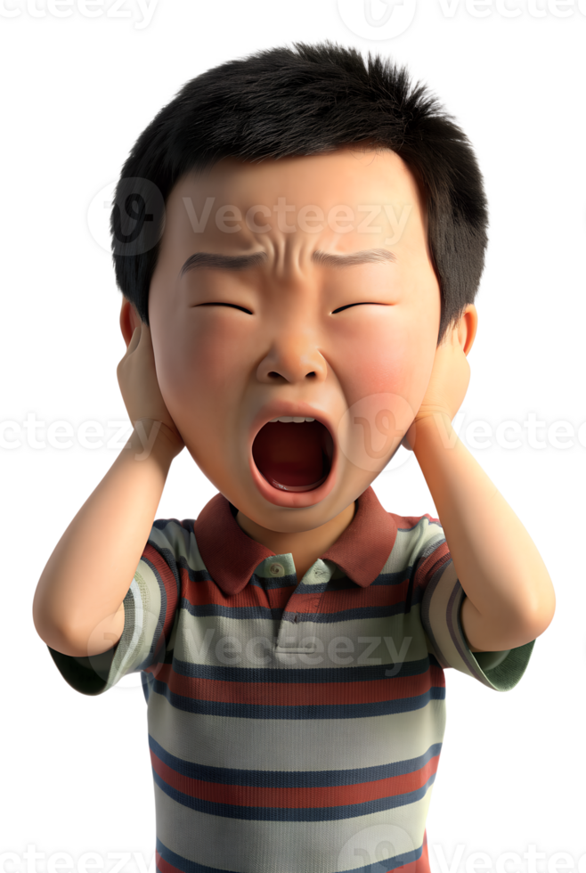 Illustration style 3d render of asian little boy suffers from noise isolated on transparent background png