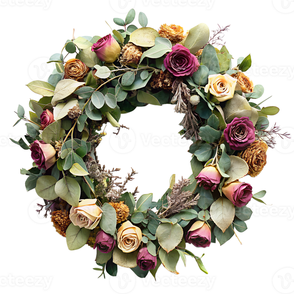 A wreath of dried rose and eucalyptus leaves, creating a fragrant and soothing aroma isolated on transparent background png