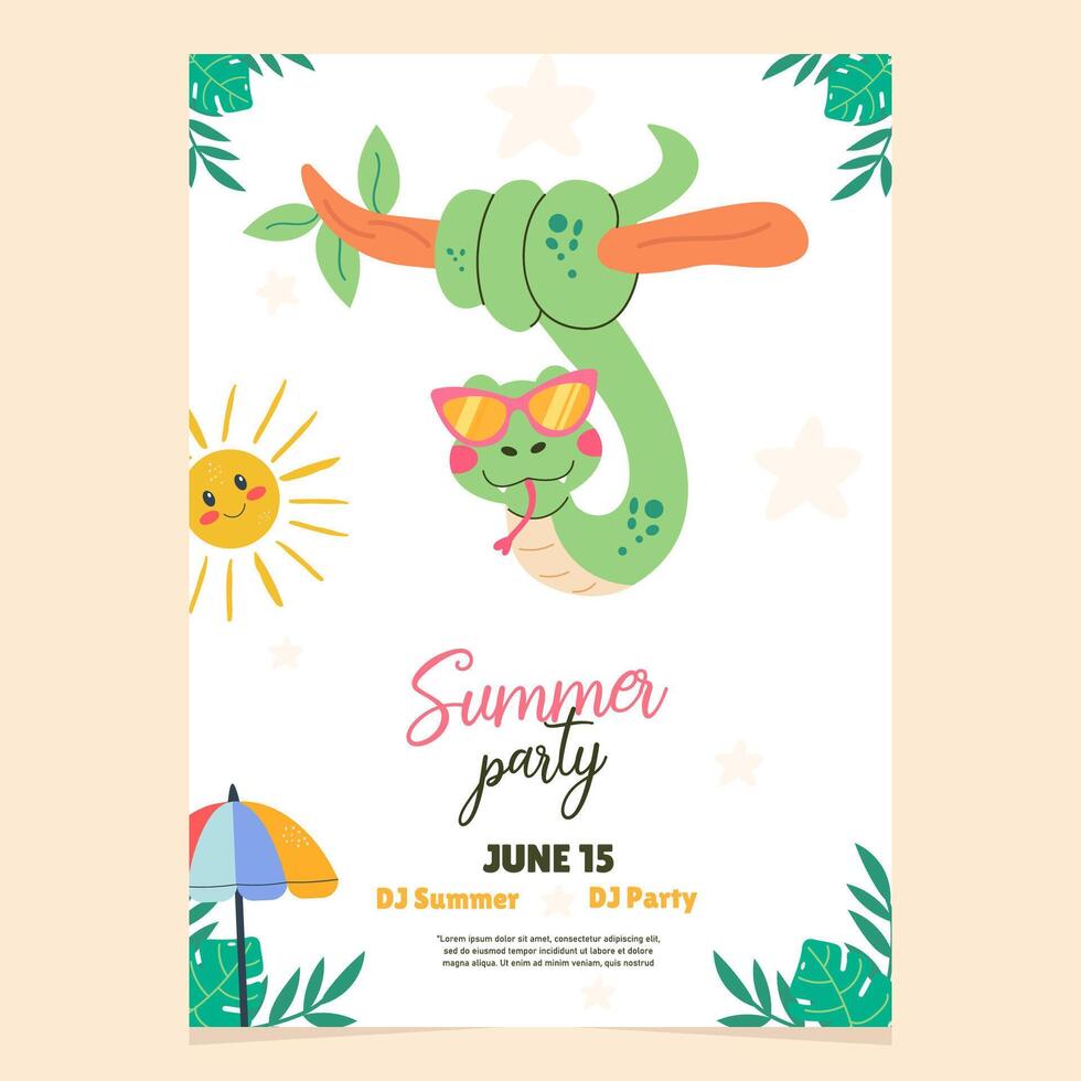 Hand drawn summer party poster with snake character vector