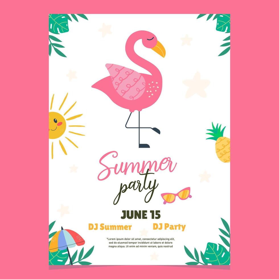 Summer party invitation flamingo character hand drawn vector