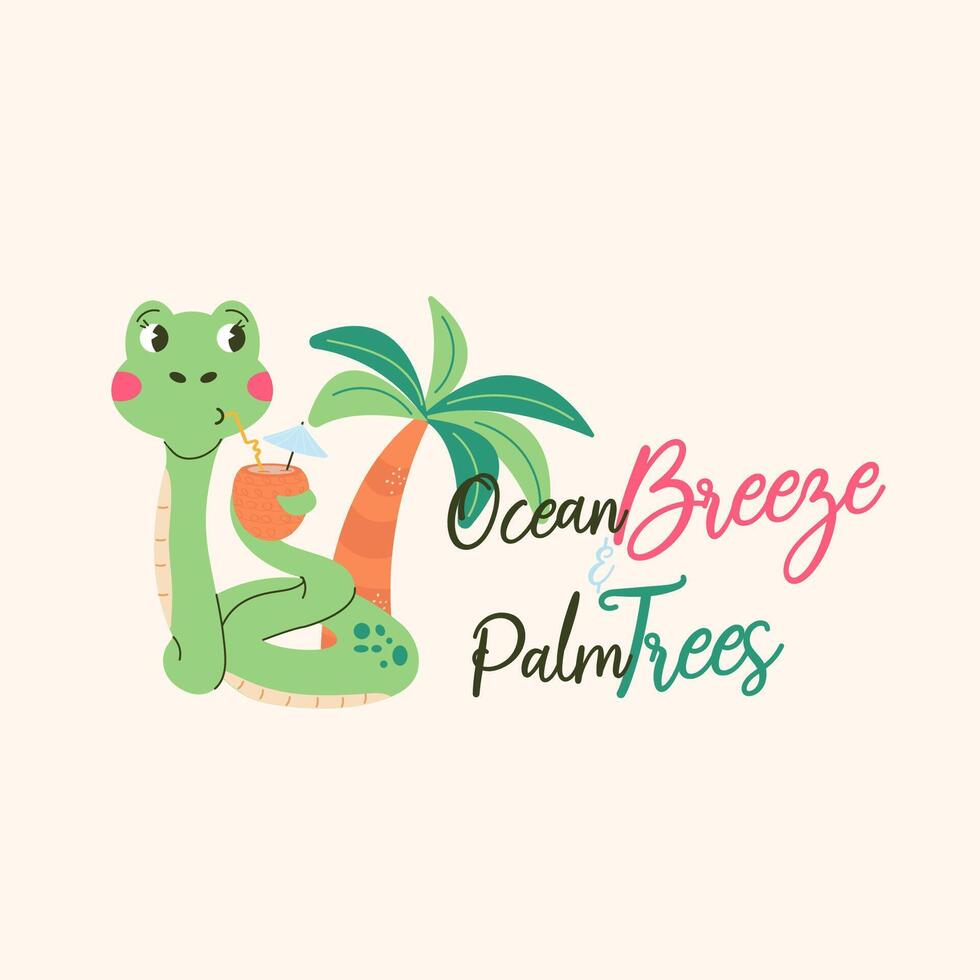 Snake character poster is lettering Ocean Breeze Palm Trees vector