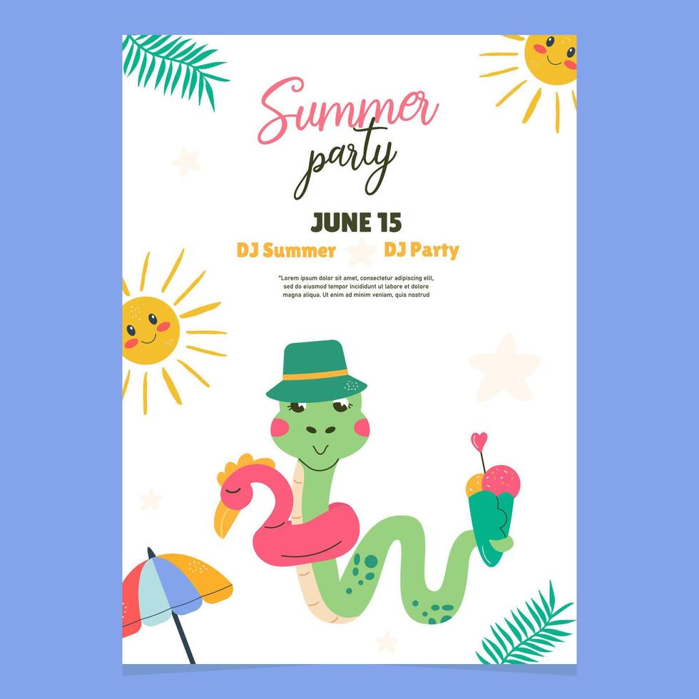 Summer party invitation snake character hand drawn vector