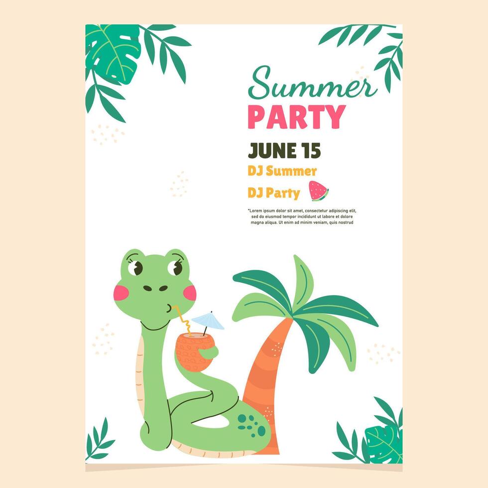 Summer party invitation snake character drinking cocktail vector