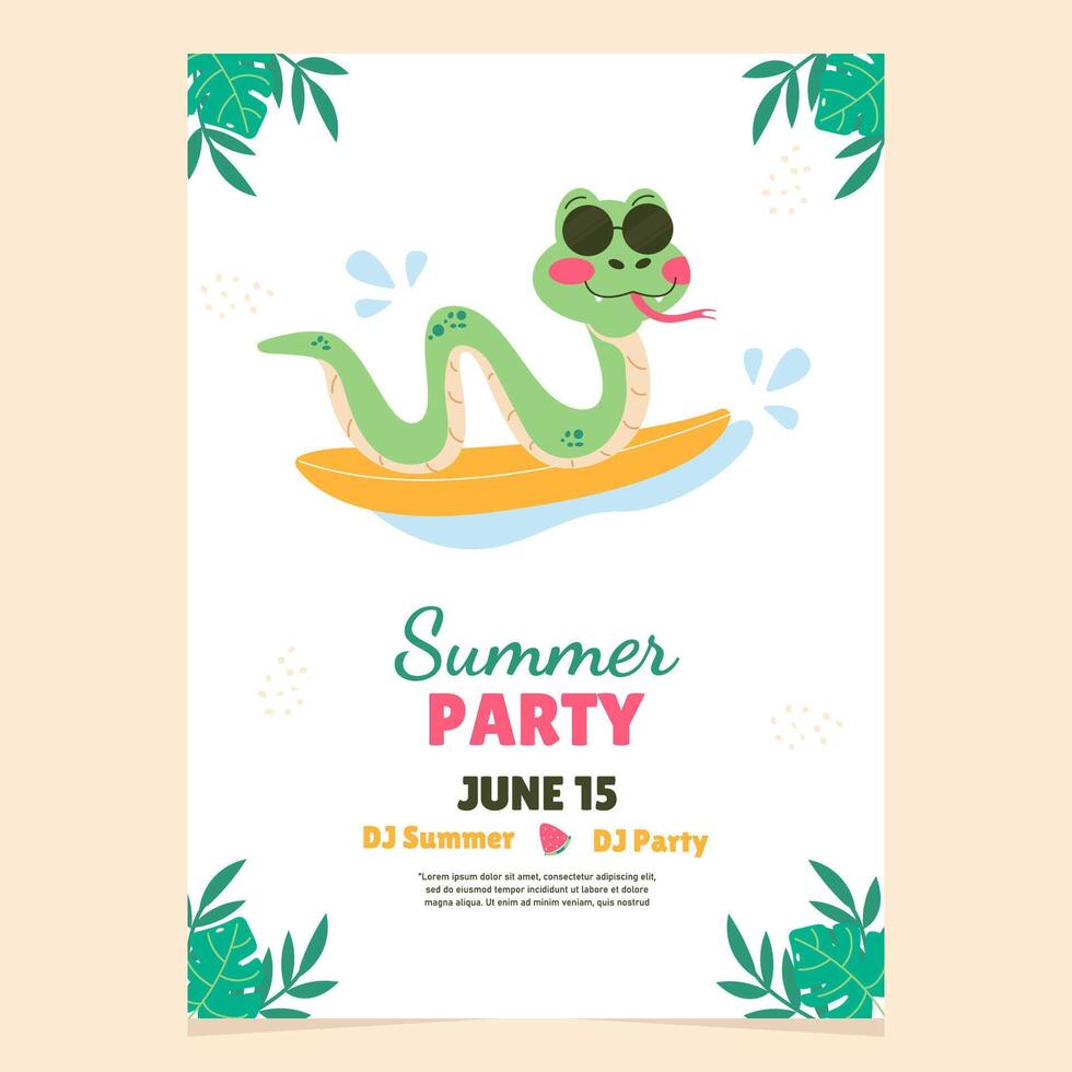 Summer party invitation hand drawn snake character vector