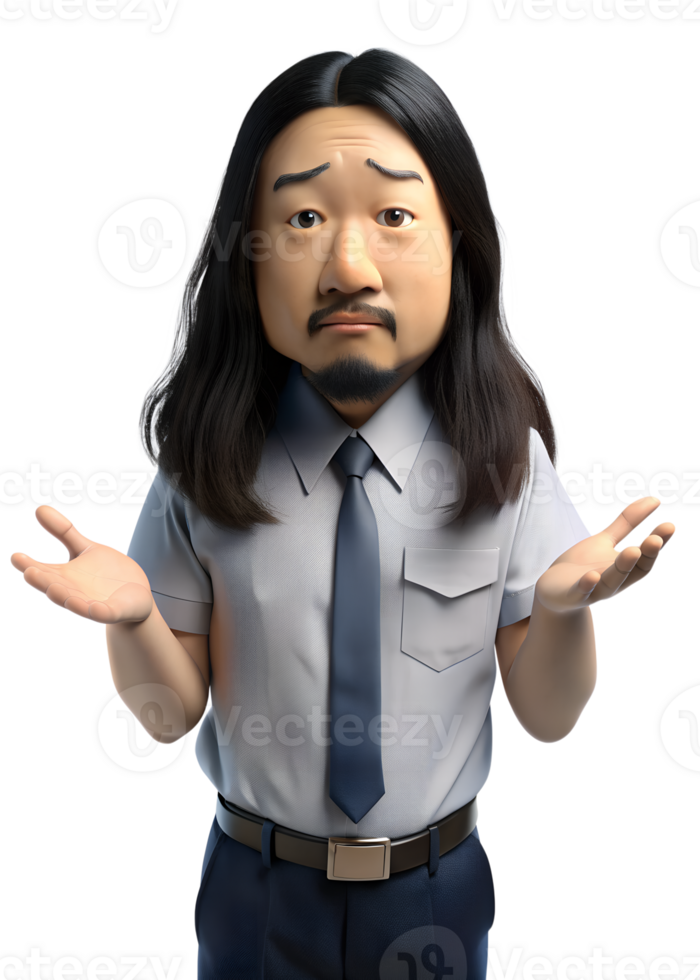 3d style illustration of asia man in office worker uniform, with bored, he is Shrug, isolated on transparent background png