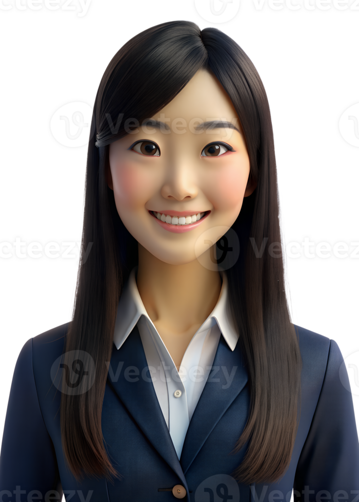 3d style young asia woman in office worker uniform, long hair with smile isolated on transparent background png