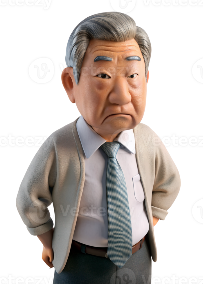 3d asia old man in office worker uniform, he is Shrug, isolated on transparent background png