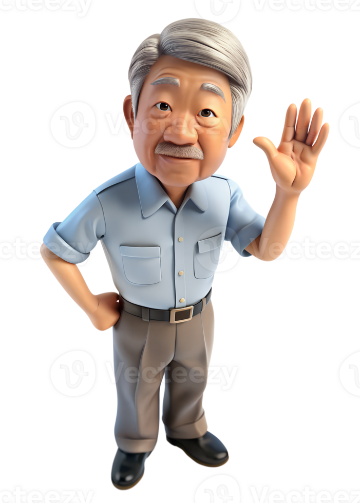 3d style illustration of asia The old man raised his hand to stop him, isolated on transparent background png