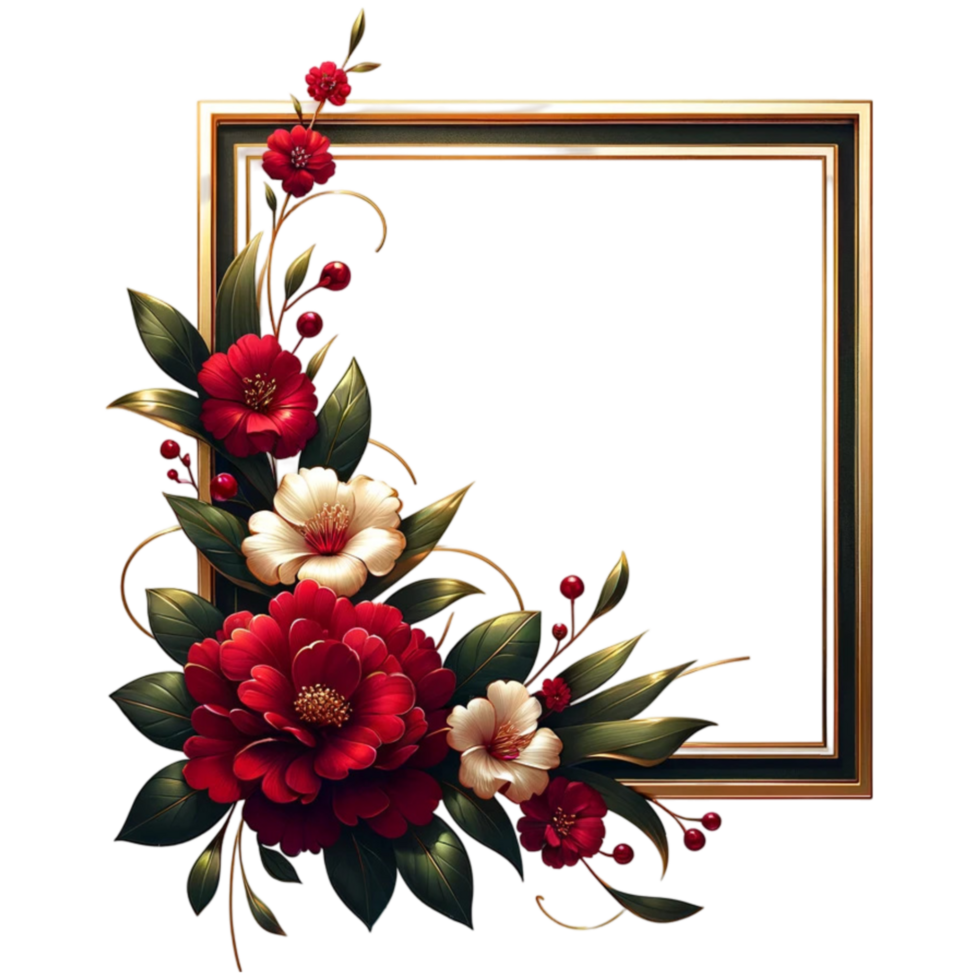 Square Gold Frame Red Floral greenery leaves png