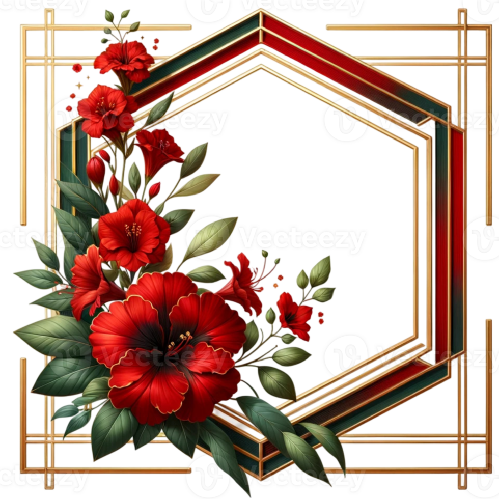 Hexagon Gold Frame Red Floral greenery leaves png
